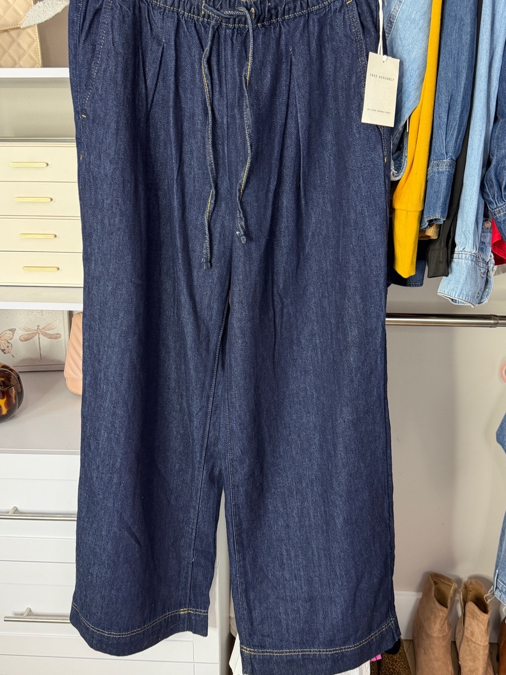 Free assembly Wide-Leg Drawstring Denim Jumpsuit Pants - Navy